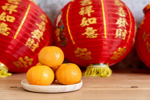 Oranges and Red Chinese Lanterns